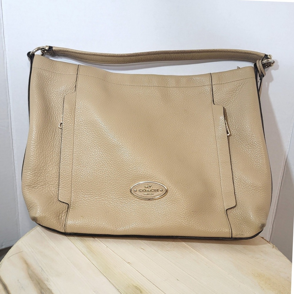 Coach Womens Scout Pebble Leather Hobo Shoulder Bag Zip Pockets Beige Tan Large